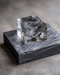 Fototapeta premium Crystal cube reflecting soft light on polished black marble surface in minimalist studio setting