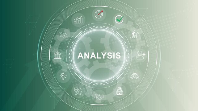 Generic pressing illuminated analysis button on a metal switch panel with data analysis intensity levels. 3d Motion graphics of technology icon interface background