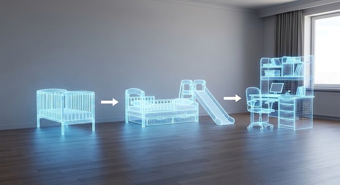 Visual representation of childrens furniture transforming from a baby crib to a toddler bed with a slide, and finally to a childs study desk.