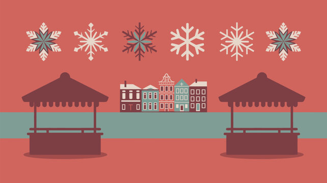 A festive holiday scene with snowflakes falling over a small town square with gazebos and buildings