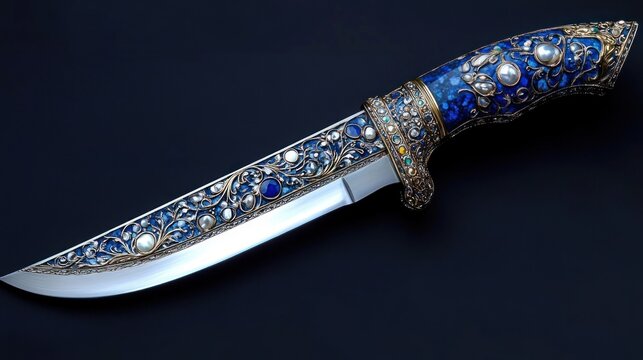 ornate jeweled dagger with blue stone encrusted handle, silver filigree and gleaming polished blade on dark background evoking luxury and elegance