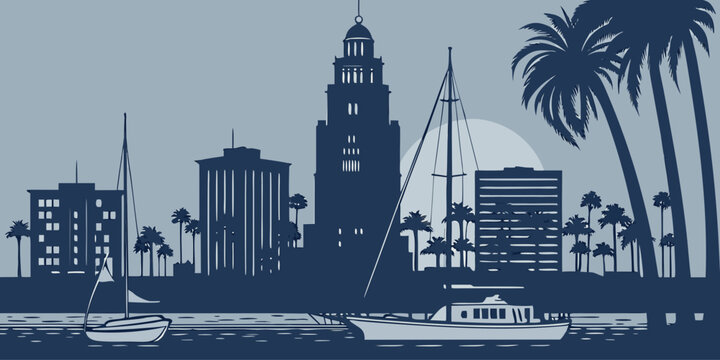 USA, US, U.S, United States - Long Beach harbor skyline monochrome architecture silhouette poster