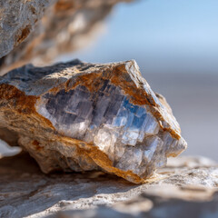 Fototapeta premium Layered mineral crystals inside fractured rock, macro textures revealed by side lighting