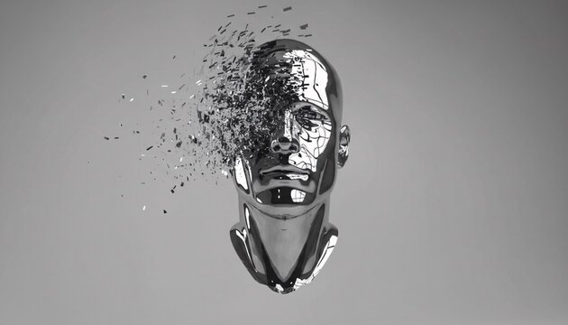 A 3D illustration of a man's head exploding into pieces in a gray background