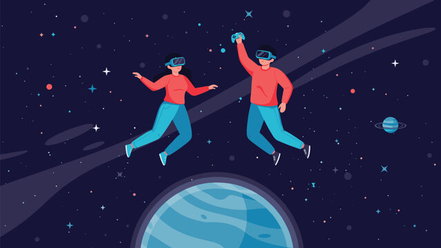 Young couple wearing virtual reality headsets experiences immersive journey while floating in space among stars and planets.