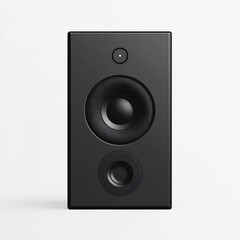 Fototapeta premium minimal black studio speaker cabinet with small top indicator, large central woofer and lower driver on white background, sleek modern and powerful