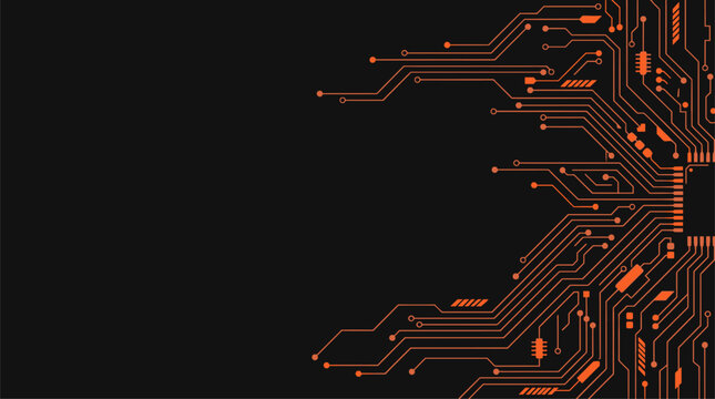 Orange circuit board pattern on dark background technology vector illustration