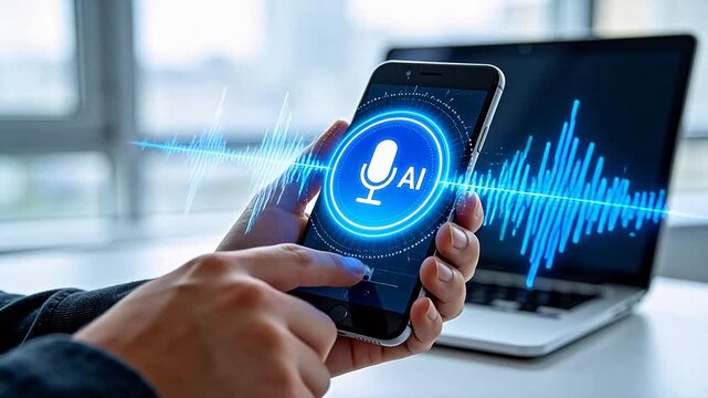 AI Voice Assistant Technology Person Using Smartphone With Digital Sound Wave Artificial Intelligence Communication Virtual Helper Concept Modern Tech Interface Future Innovation