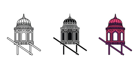 Three architectural domes with scaffolding in black white and red on white background © TaherStock