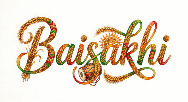 Indian traditional Baisakhi harvest festival celebration, decorated calligraphy text. punjabi sikh festive greeting watercolor style.