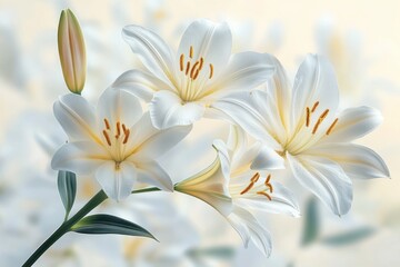 Obraz premium Four white lilies with an unopened bud and green leaves on a soft pastel blurred background, evoking serenity and purity