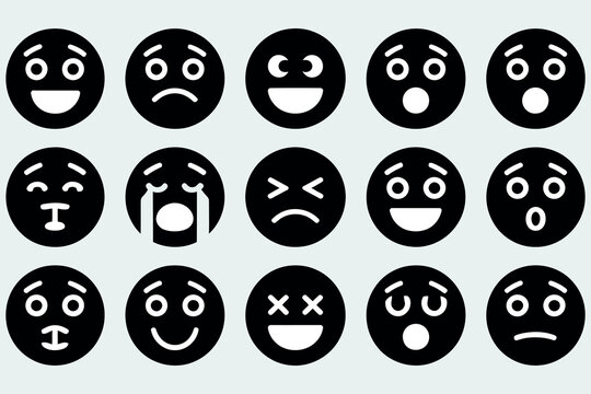 A collection of black and white cartoon face icons displaying various emotions