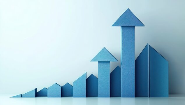 blue textured 3d ascending blocks and arrow-shaped columns on a reflective surface against a soft gradient background, conveying optimistic growth and progress