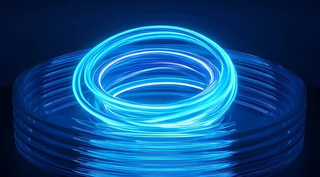 Luminous blue fiber optic cable coiled in a circular formation, glowing brightly