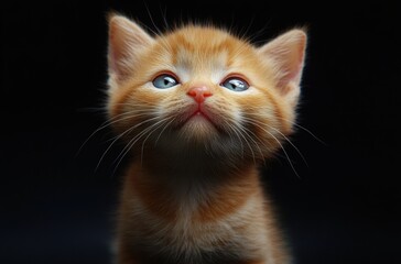 Obraz premium orange kitten ears, whiskers and fluffy chest fur peeking from a dark background, curious and alert