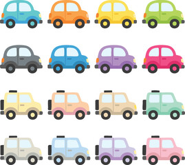 Sixteen colorful flat cartoon vector icons of city cars and suvs for kid games..