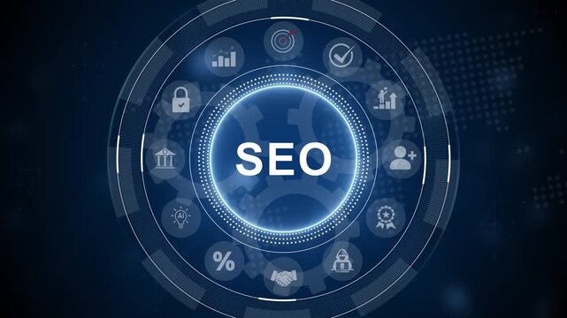 SEO. Search Engine optimization. Digital online marketing andInetrmet technology concept. 3d Motion graphics of technology icon interface background