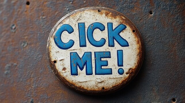 Round enamel metal badge with blue block letters reading 'CICK ME!' on rusty metal background, weathered and playful invitation