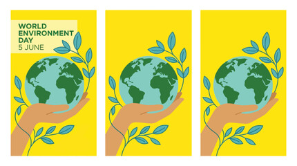 World Environment Day poster design featuring a hand holding the Earth with leafy accents on a bright yellow background