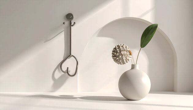 Minimalist white wall scene metallic wall decor and small vase with plant