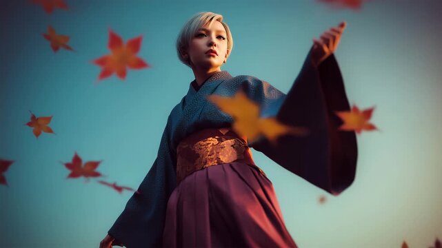 女性が着物で紅葉に包まれる