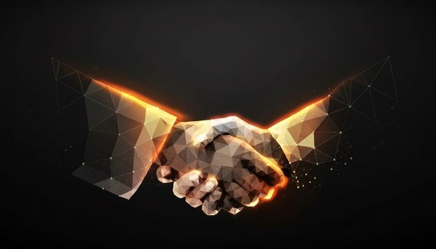 A polygonal handshake with glowing orange lines on a dark background represents a modern business partnership