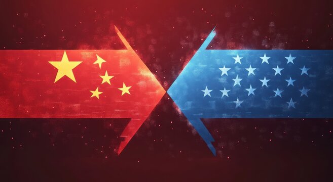 red arrow with five yellow stars meeting a blue arrow studded with white stars in a grungy collision, dramatic tense standoff