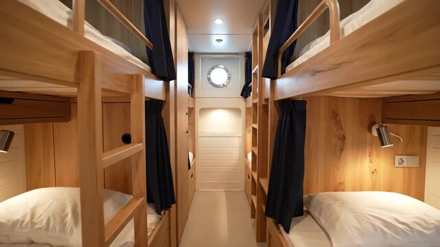 Clean compact bunk beds in a modern boat cabin