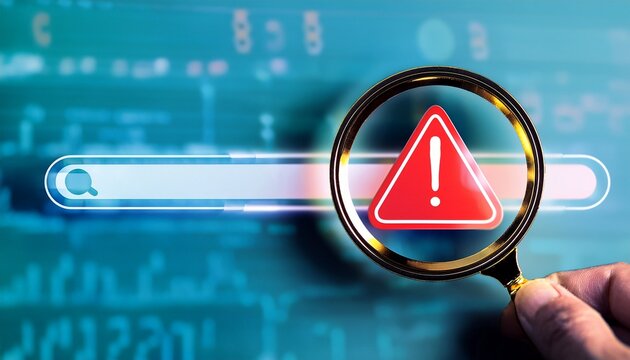 magnifying glass with warning sign on progress bar find problem stop or malfunction detecting issues troubleshooting errors identifying malfunctions stopping critical problems in processes