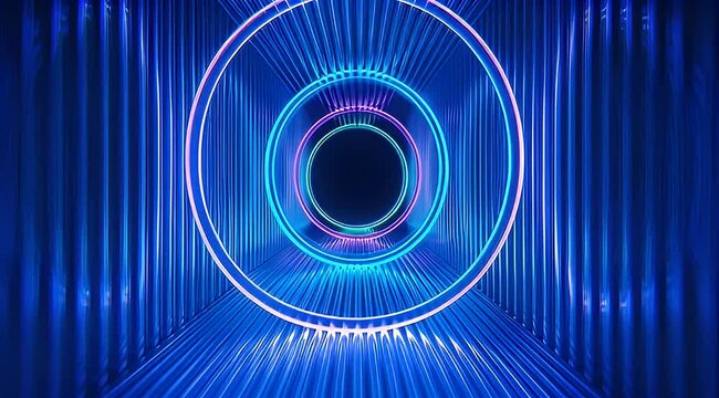 Abstract neon circles glow amidst vibrant blue linear structures creating depth