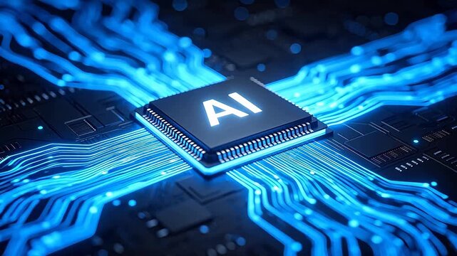 AI chip on circuit board glowing blue data lines futuristic technology concept artificial intelligence processor digital innovation hightech hardware smart computing machine