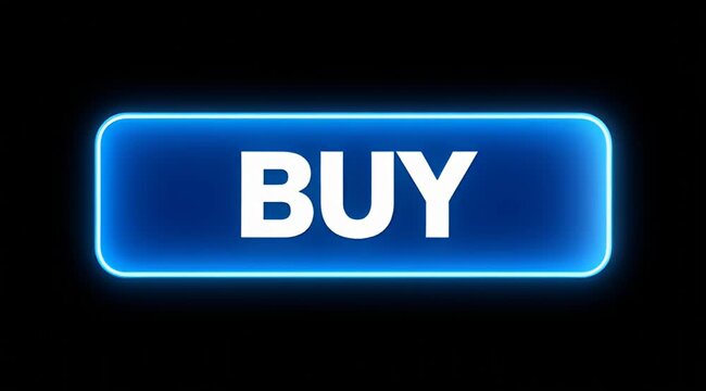 Illuminated blue buy button against a stark black background inviting purchases