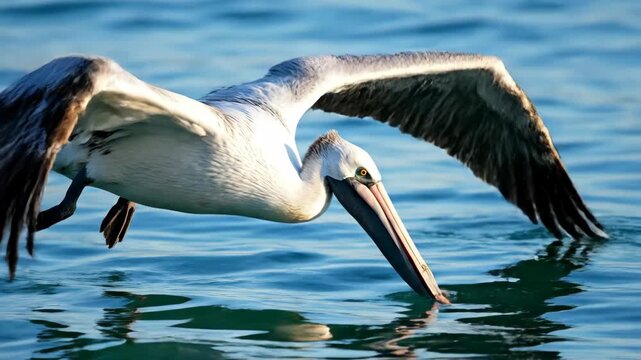 Pelican flying low over calm blue water. Wings spread. Close-up wildlife shot.