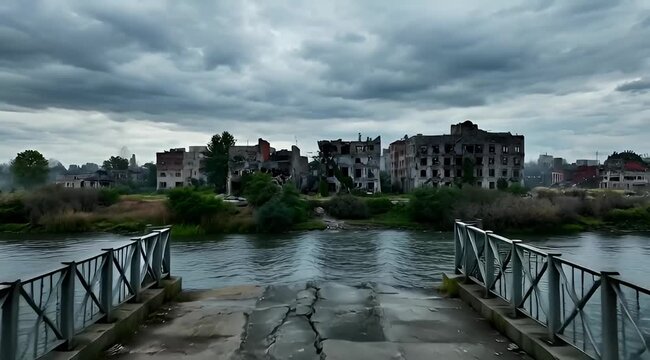 War Torn Bridge Leading to a Destroyed City Under a Cloudy Sky