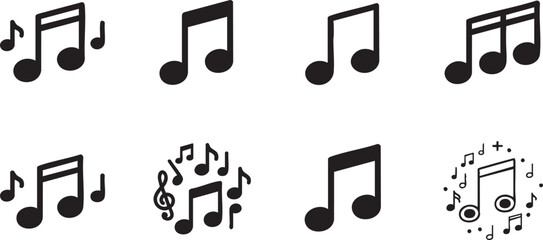Fototapeta premium Collection of diverse black musical note icons isolated on a white background...