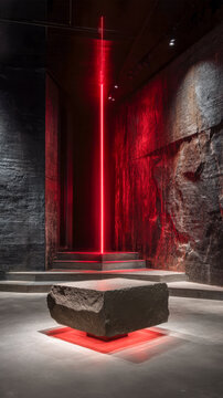 Large stone hovering above basalt pedestal, red underglow in dark volcanic interior