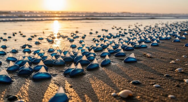 Stranded Velella Velella on a California Beach at Sunset.