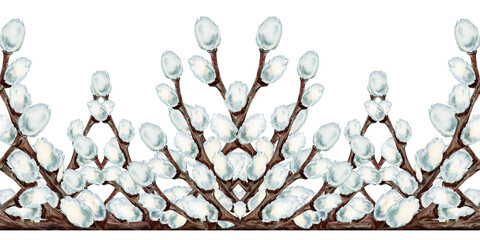 Watercolor seamless border with pussy willow branches. Spring botanical horizontal pattern for wedding invitations, Easter greeting cards, stationery, packaging, textile prints and seasonal decoration © el_suhova