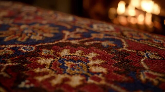 Cozy scene of ornate carpet near fireplace, warm colors and patterned rug detail.