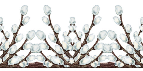 Watercolor seamless border with pussy willow branches. Spring botanical horizontal pattern for wedding invitations, Easter greeting cards, stationery, packaging, textile prints and seasonal decoration © el_suhova
