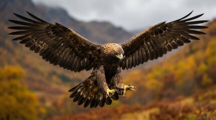 Fototapeta premium Majestic Golden Eagle soaring through a mountain valley during autumn, wings fully extended.
