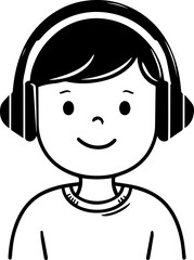 Obraz premium Hand Drawn Boy Wearing Headphones Black and White Avatar Illustration in Minimal Line Art Style Design