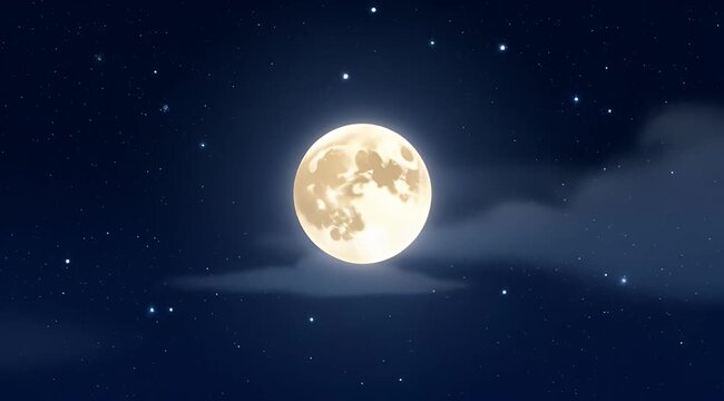 Glowing moon amidst a starstudded night sky with soft clouds illustration