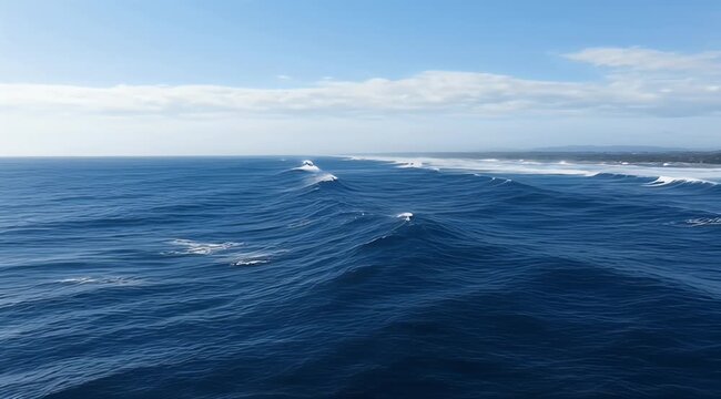 Deep blue ocean swells and breaking waves stretch towards a distant coastline under a blue sky