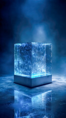 Fototapeta premium Glowing Glass Cube on Floating Obsidian Pedestal Inside Reflective Chamber with Dark Background