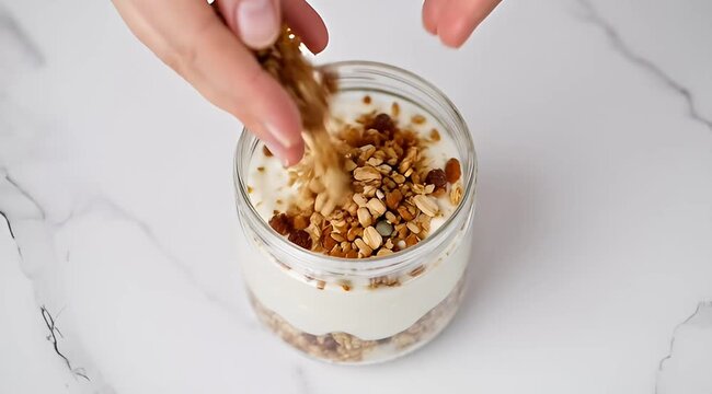 Close-up of hands adding crunchy granola to a creamy yogurt parfait in a glass jar