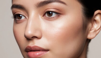 Fototapeta premium The woman has a serene expression, showcasing her smooth skin and natural makeup. Her features highlight a soft glow, emphasizing her elegant appearance and delicate beauty.