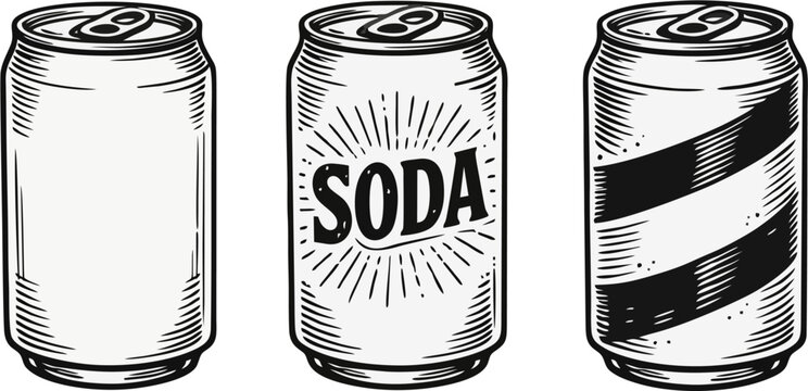 Vintage Black and White Soda Can Set &ndash; Engraving Style Line Art Illustration of Three Aluminum Beverage Cans (Blank, &ldquo;SODA&rdquo; Label, Striped)