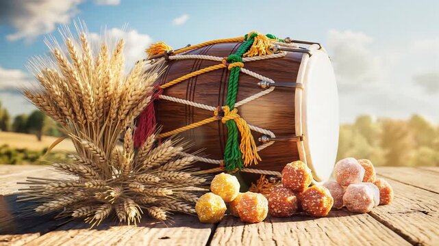 Vibrant vaisakhi celebration featuring a dhol drum, wheat, and sweets on wood under a sunny sky.