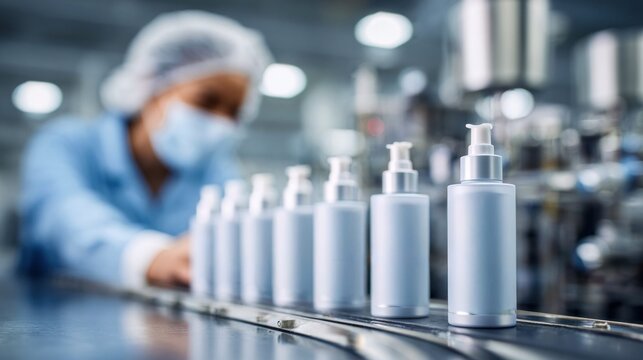 Cosmetic bottles on a production line with a worker in the background, highlighting manufacturing processes